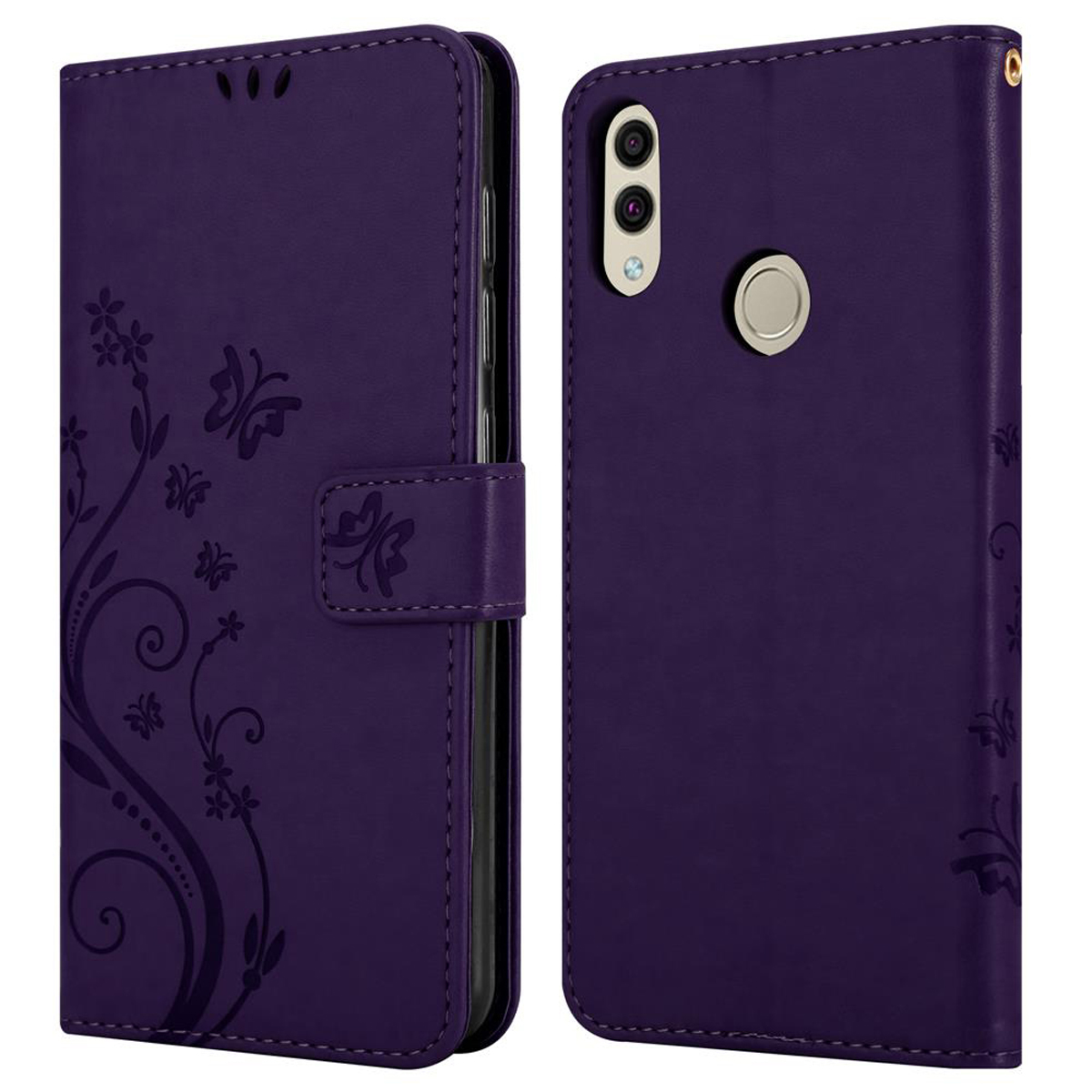 Custodia per telefono viola con design a farfalla.