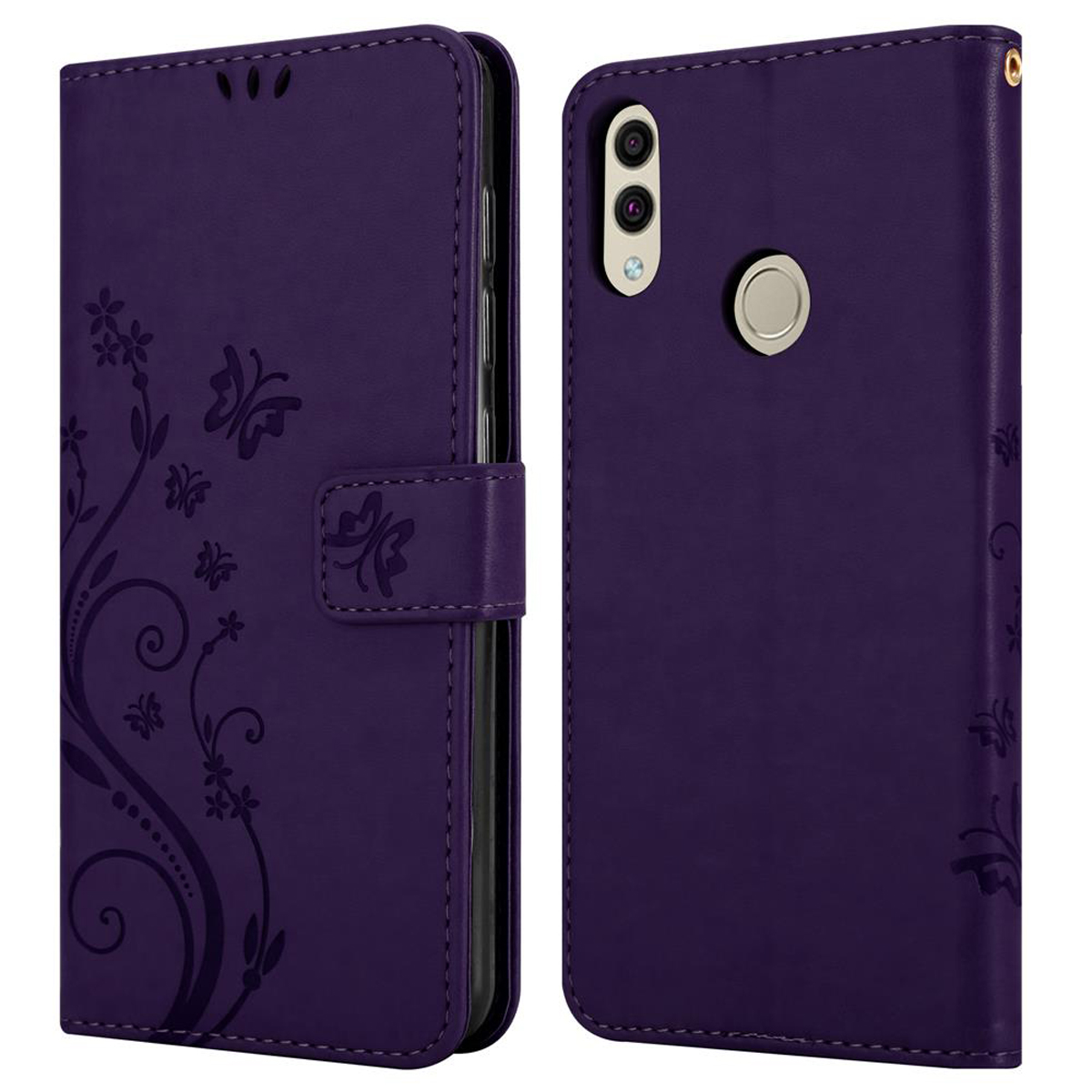 Custodia per telefono viola. Motivo floreale e design a farfalla sulla copertina anteriore. Mostra la fotocamera e il pulsante del telefono.