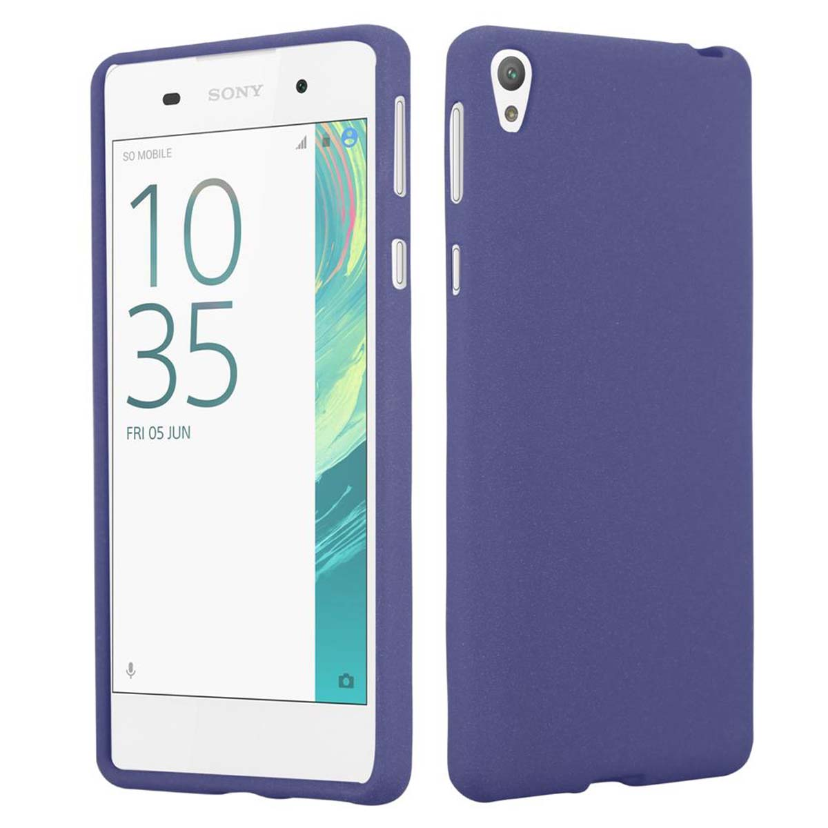 Dos vistas de un teléfono azul en una funda a juego. El teléfono muestra la hora: 10:35.
