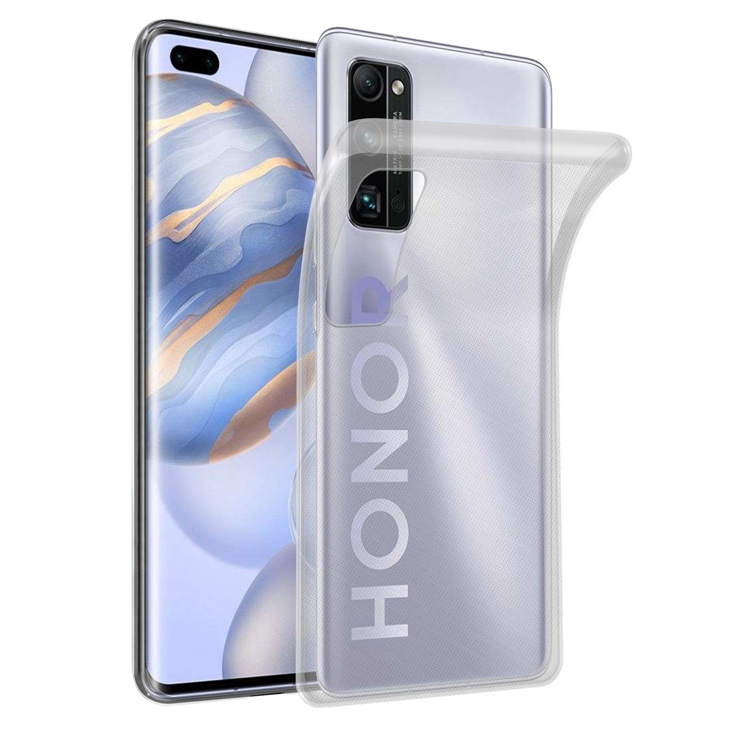 Telefon mit klarer Hülle. Der Hintergrund ist ein wolkiges Blau. Die transparente Hülle hat HONOR aufgedruckt.