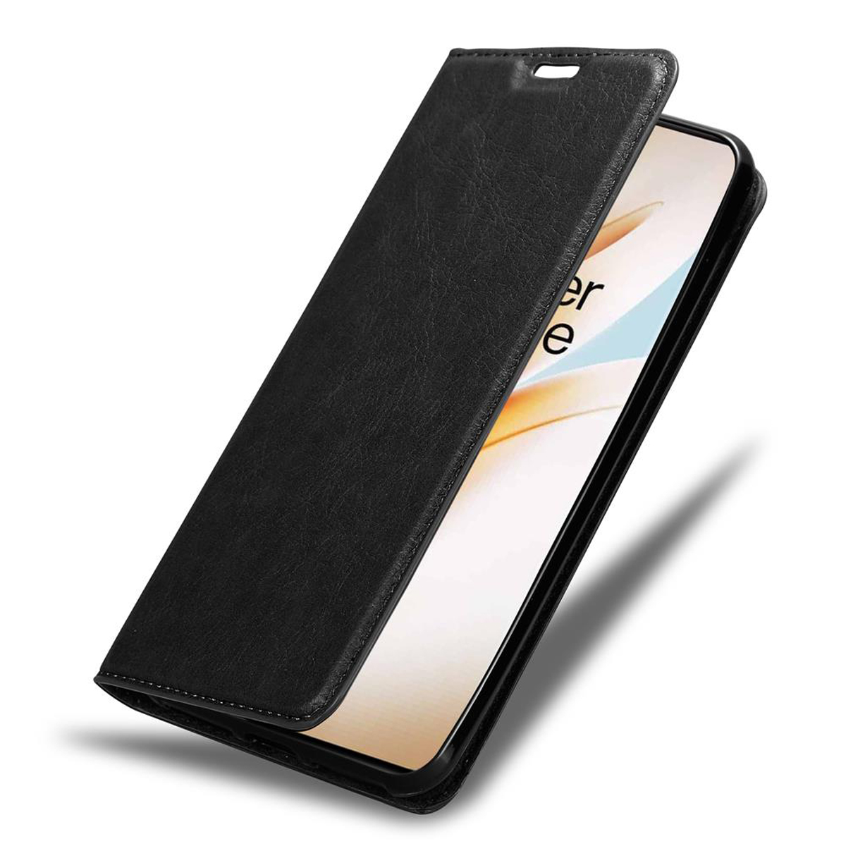 Schwarze Handyhülle, geöffnet, mit dem Telefonbildschirm.