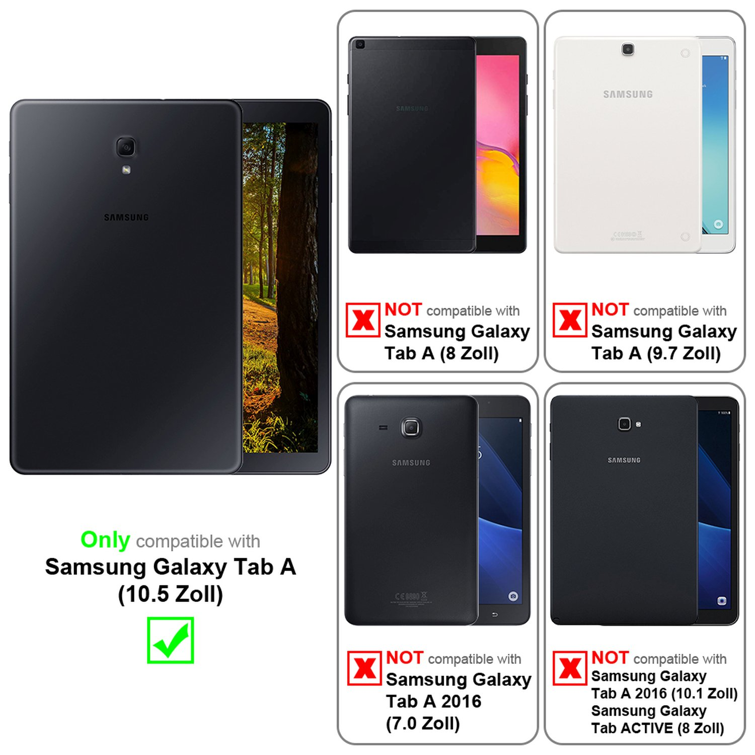 Schwarzes Samsung-Tablet. Links die Rückseite. Rechts zeigt der Bildschirm eine Waldszene.