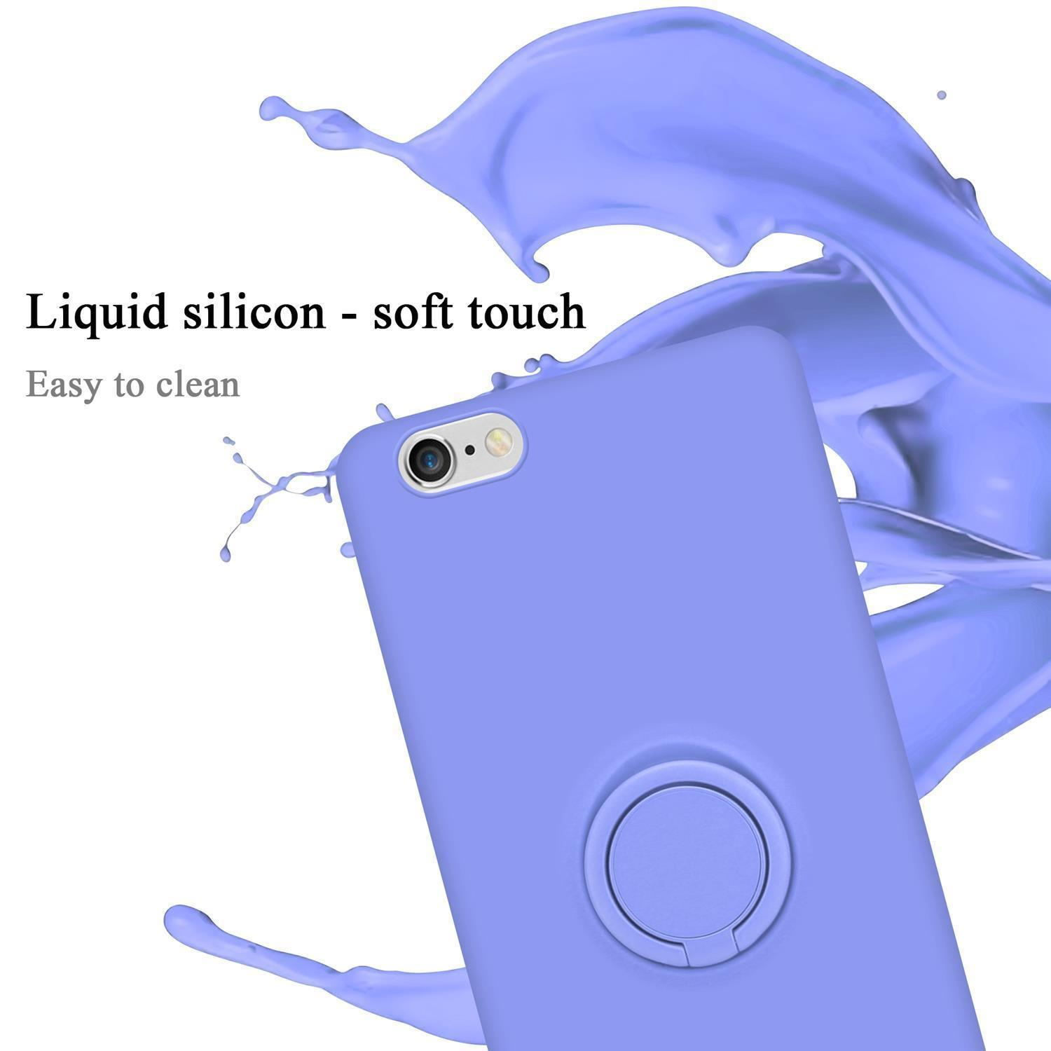 Custodia per telefono viola con supporto ad anello, spruzzo di liquido viola e testo, 'Liquid silicon - soft touch'.
