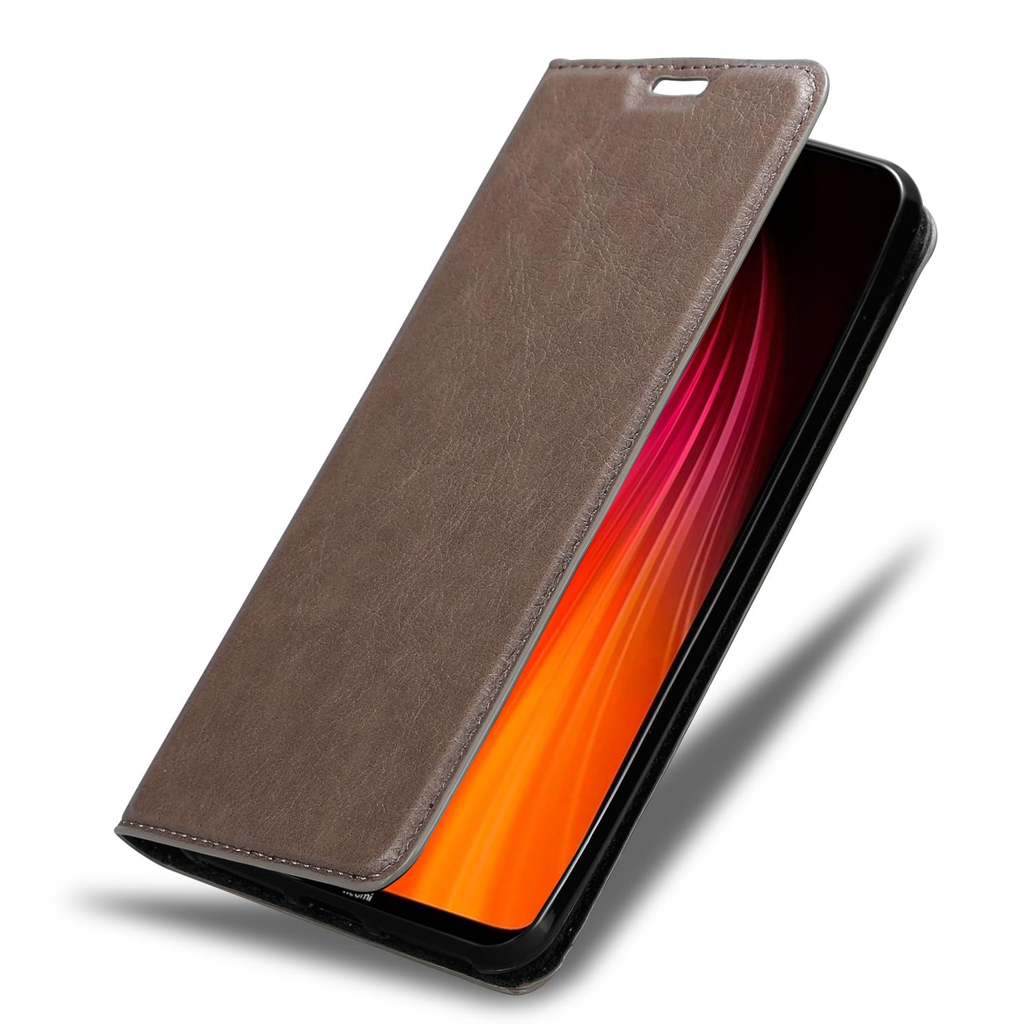 Braune Handyhülle, die sich öffnet. Das Telefon im Inneren zeigt einen roten und orangen Farbverlauf.