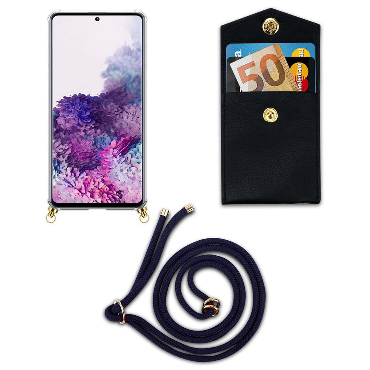 Un telefono con una custodia trasparente e un cinturino, che mostra uno schermo con un design floreale viola.