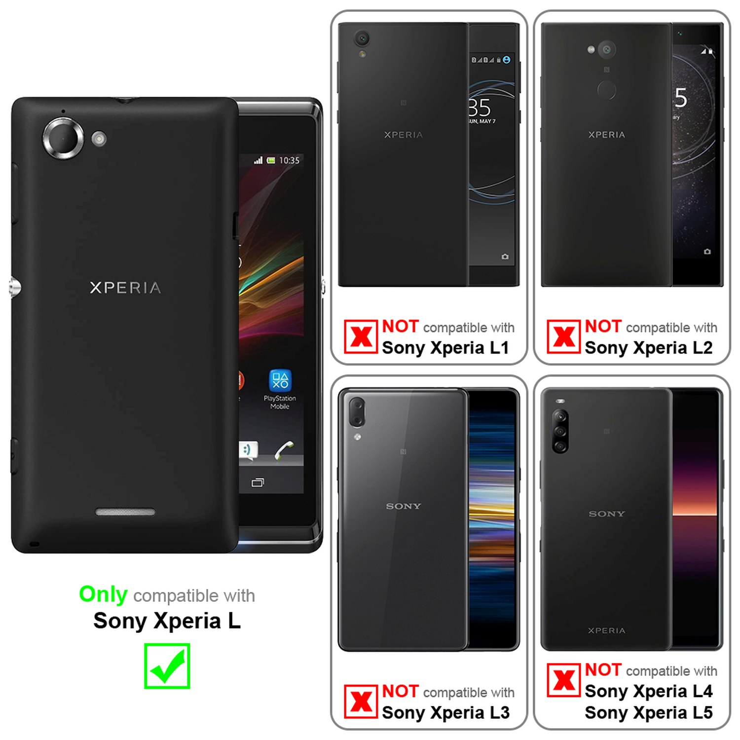 Imagen que muestra la compatibilidad con Sony Xperia L y la incompatibilidad con Xperia L1, L2, L3, L4 y L5.