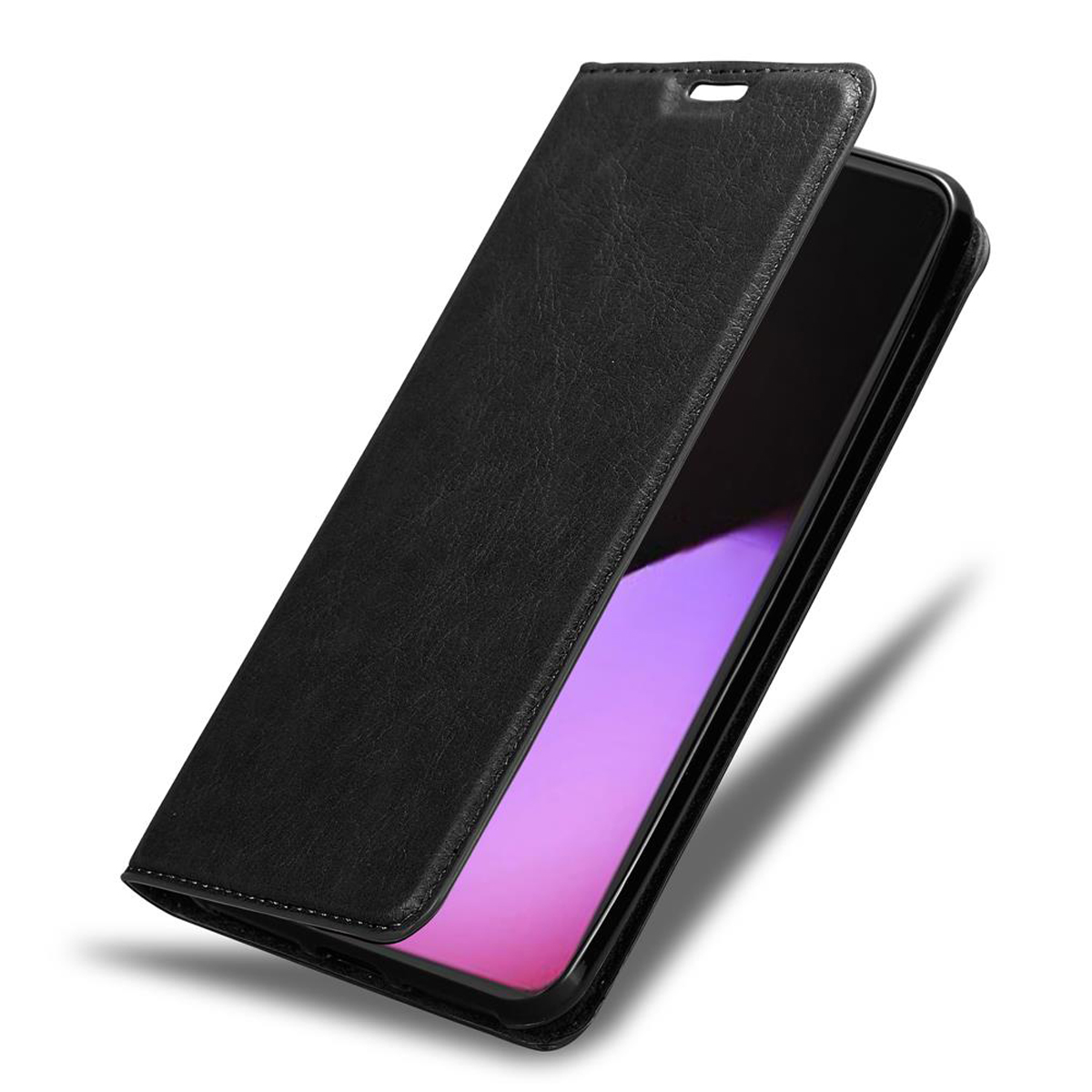 Schwarze Handyhülle geöffnet, zeigt ein Handy mit lila Bildschirm.