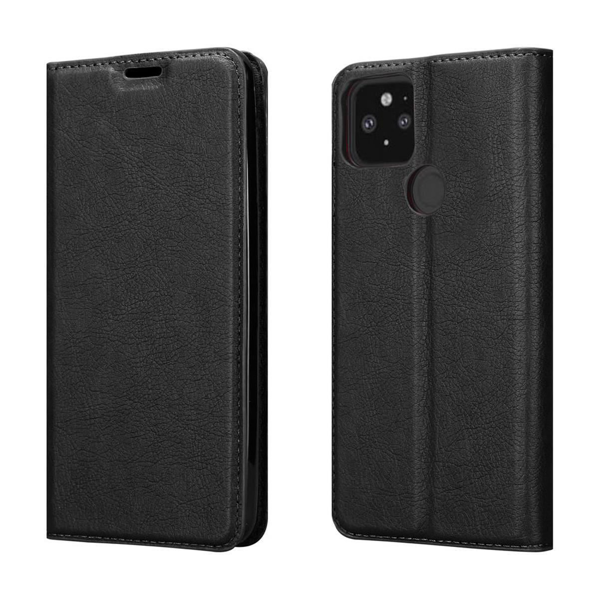 Schwarze Handyhülle, geschlossen und offen, mit einem schwarzen Telefon darin. Die Hülle ist lederartig.