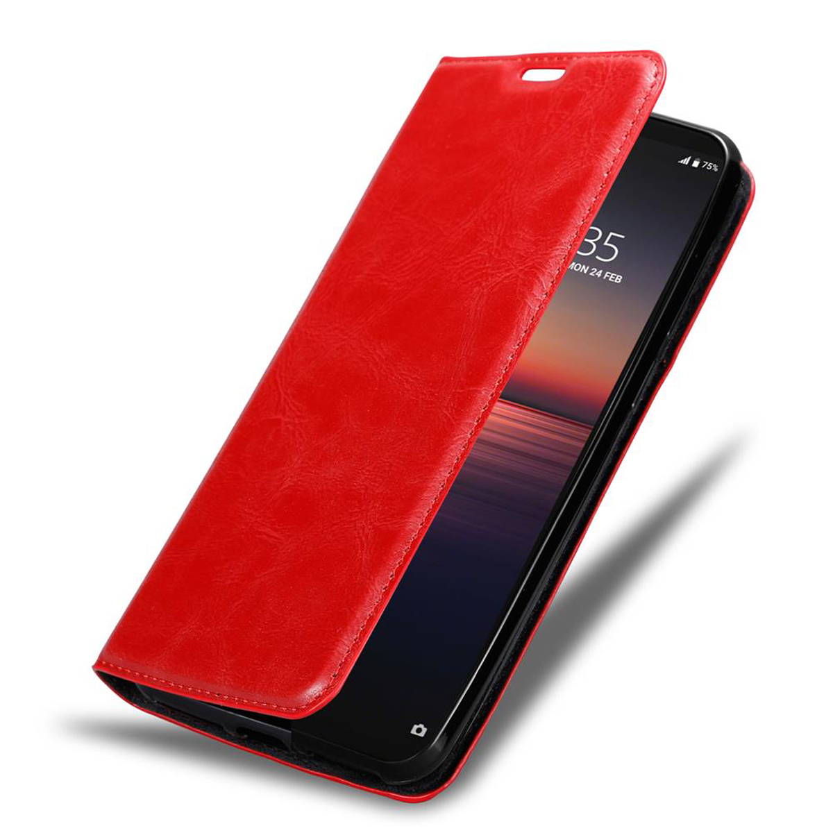 Rote Leder-Handyhülle geöffnet, zeigt schwarzen Telefonbildschirm. Datum und Uhrzeit sichtbar.