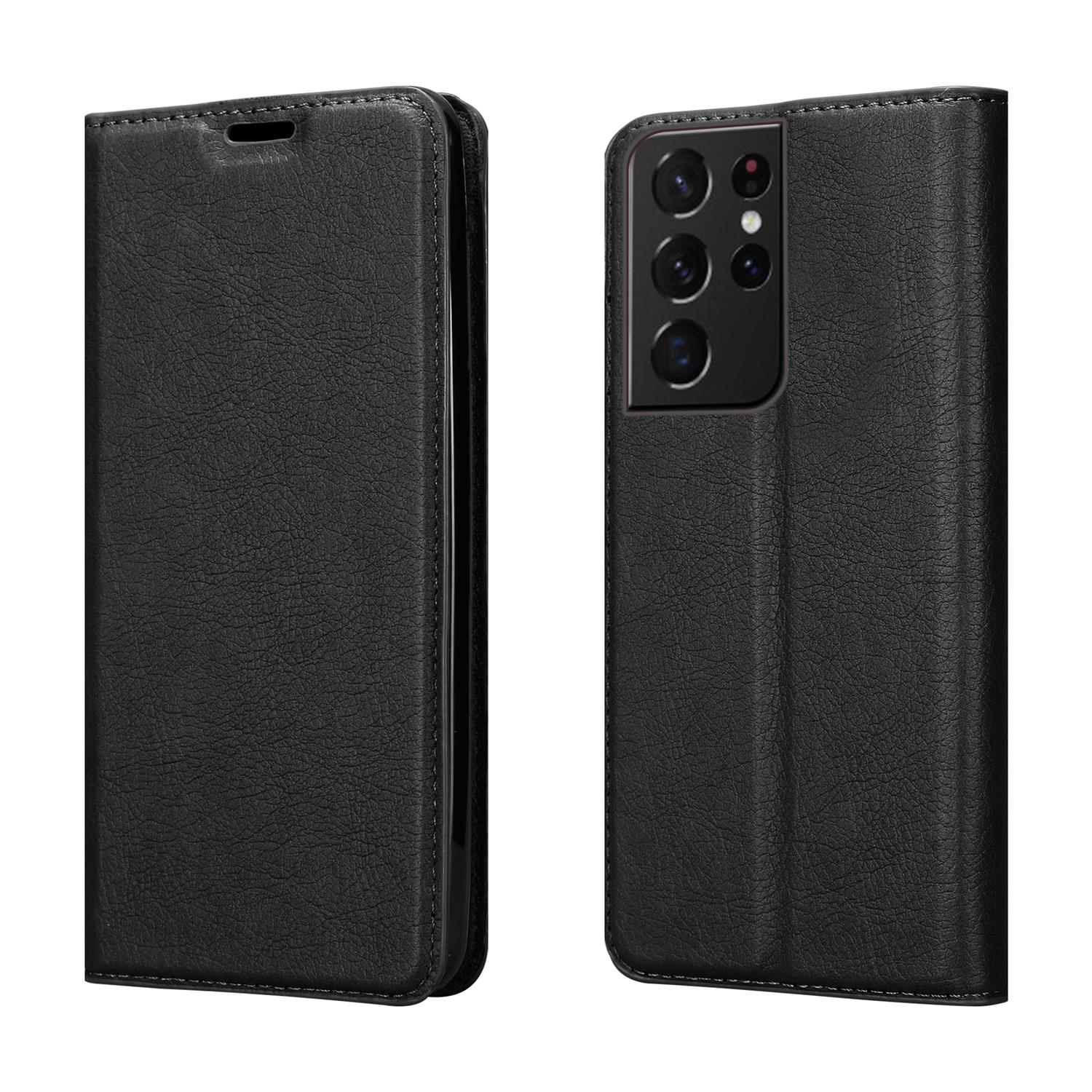 Zwei schwarze Handyhüllen, eine offen, die ein Telefon zeigt. Beide sind lederartig und haben Nähte.