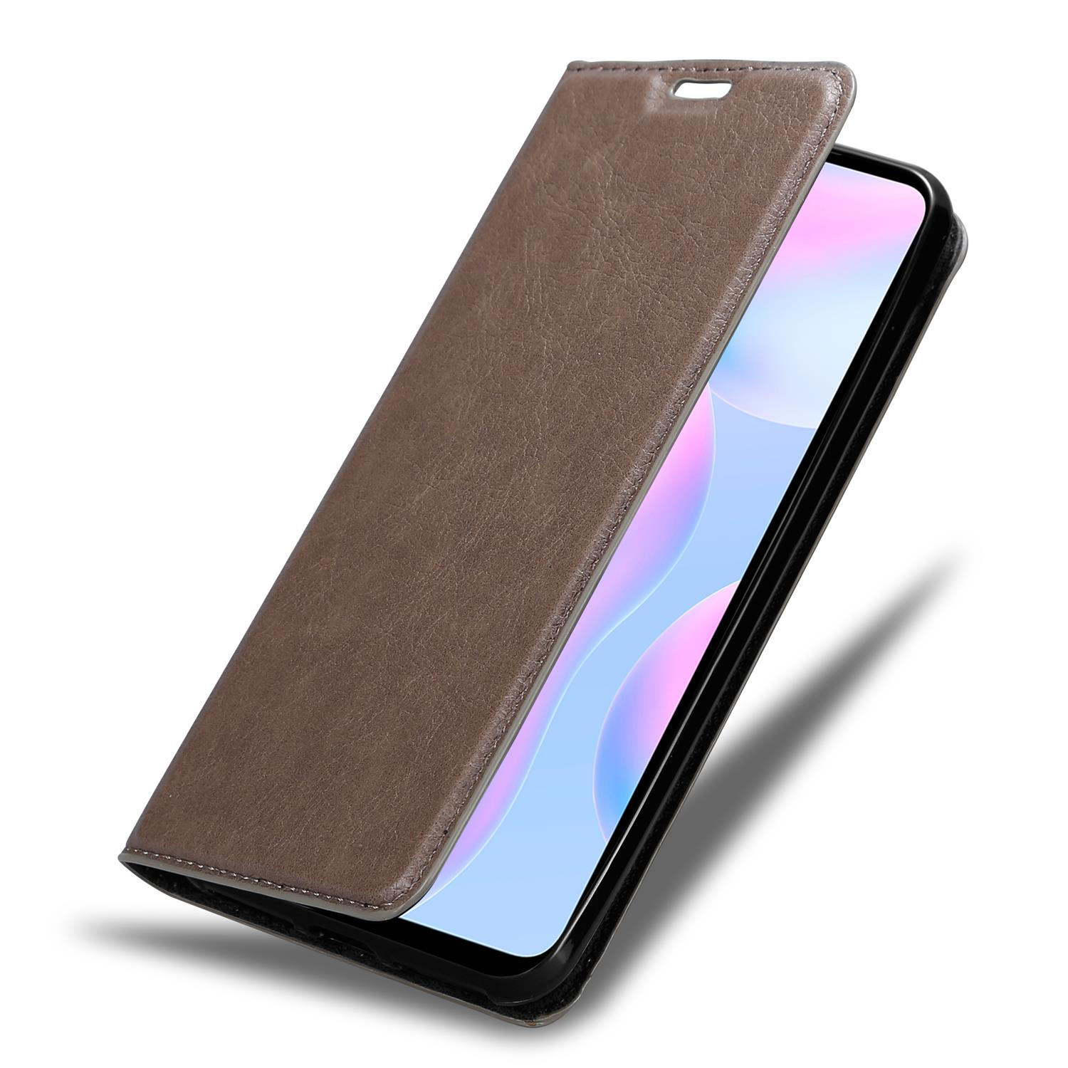 Braune Handyhülle, offen, zeigt ein Telefon mit sichtbarem Bildschirm.