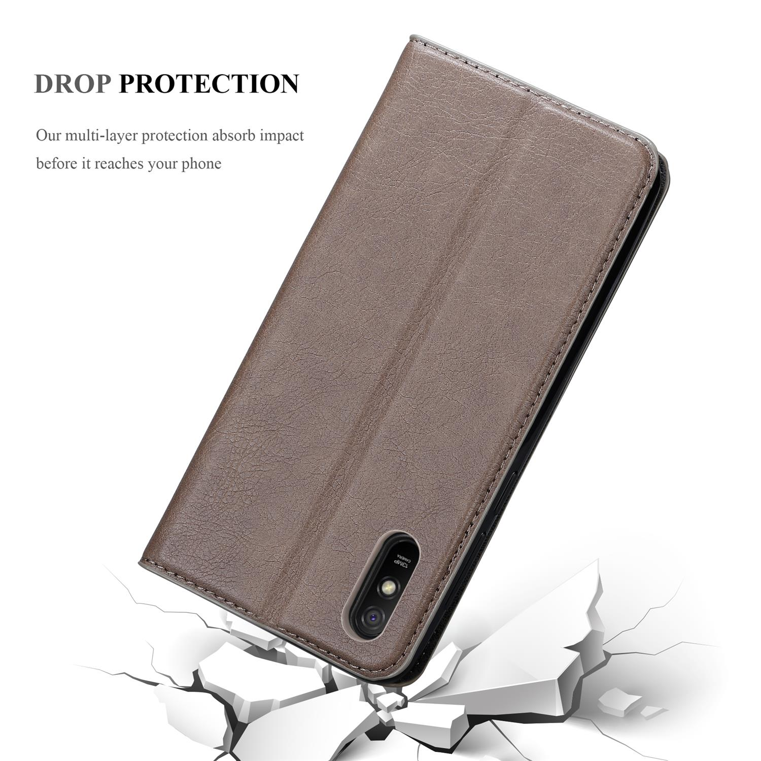 Una custodia marrone per telefono è aperta, mostrando il telefono. Il testo dice 'Drop protection' e 'Our multi-layer protection'.