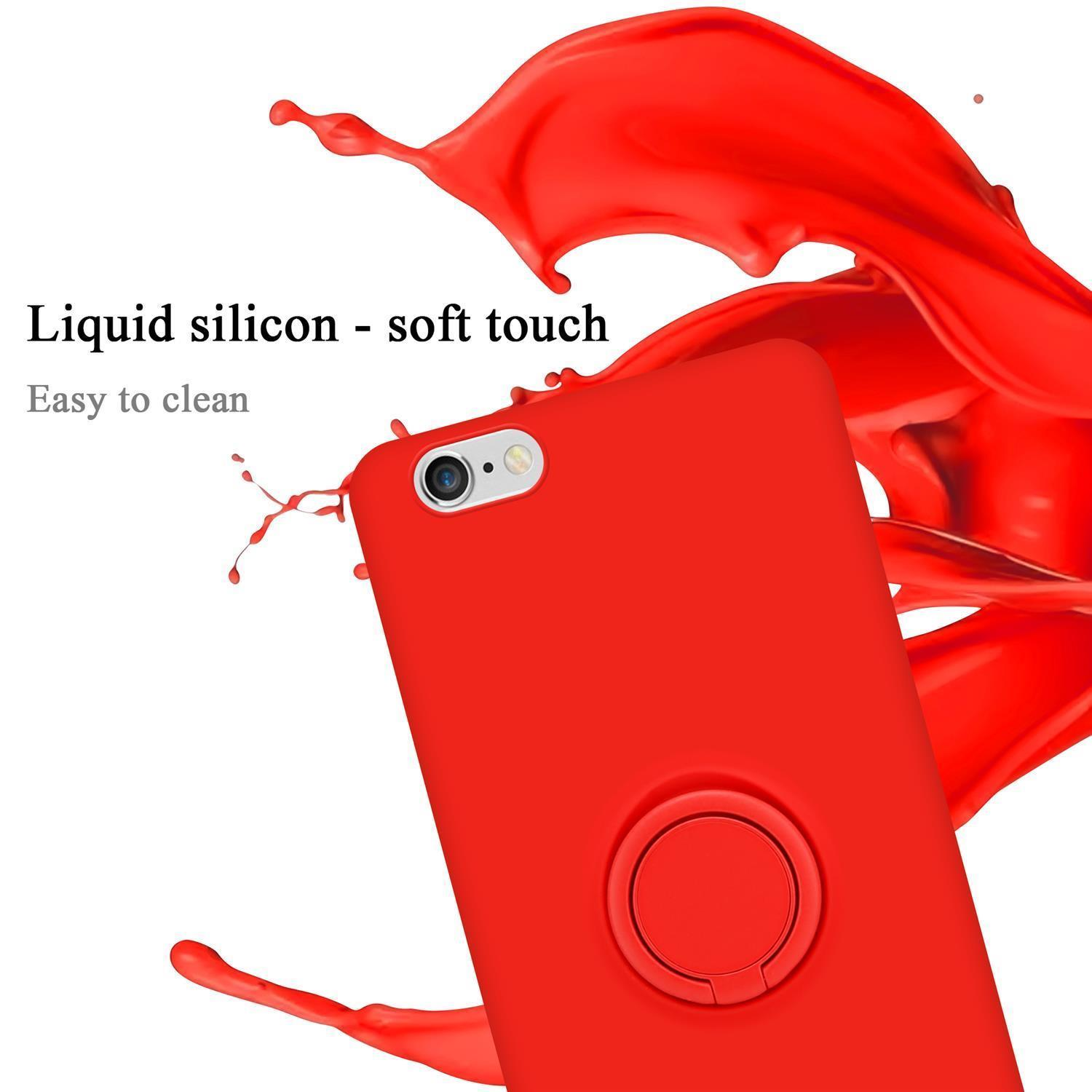 Telefono rosso con anello di supporto. Schizzo di vernice rossa sullo sfondo. Testo Silicone liquido - tocco morbido.