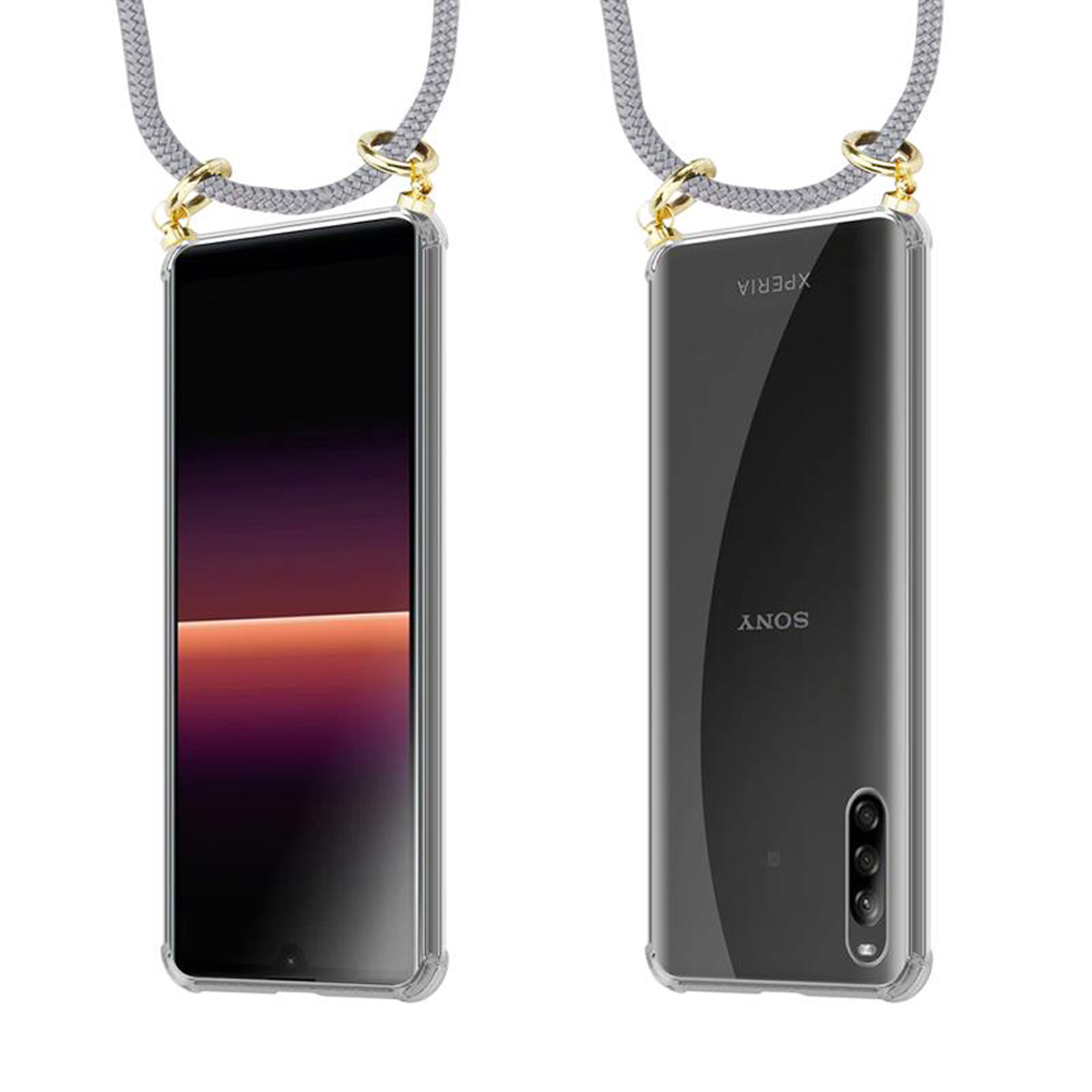 und Sony, CADORABO Hülle, Handy Backcover, mit Kordel SILBER Kette GRAU Xperia Band Gold L4, Ringen, abnehmbarer