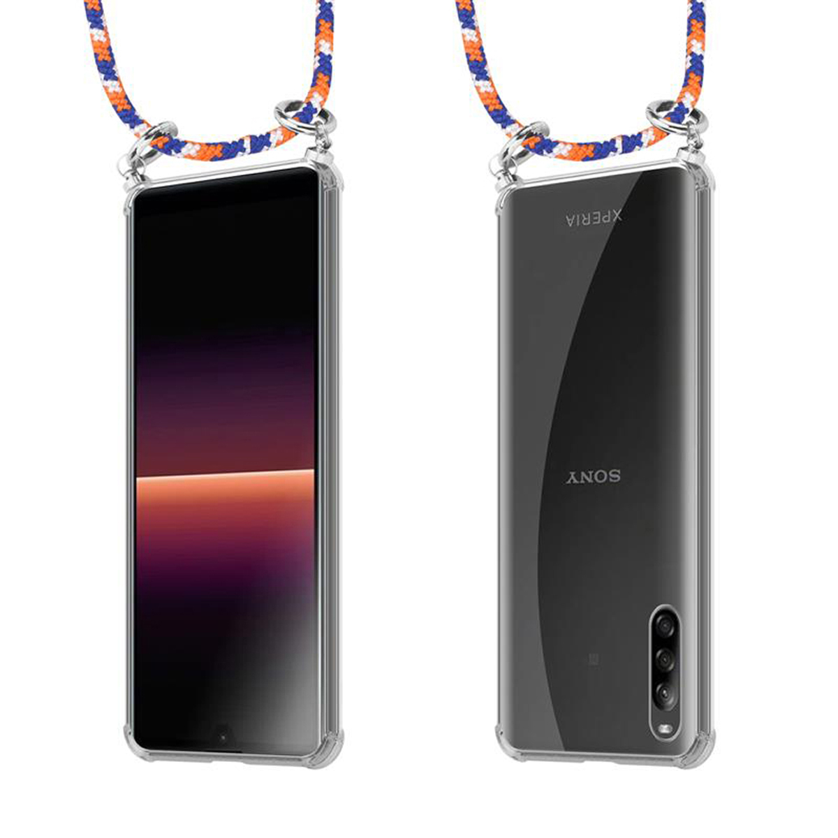 WEIß Kette CADORABO Band Sony, Ringen, und Handy L4, mit Silber abnehmbarer ORANGE Xperia Hülle, BLAU Backcover, Kordel