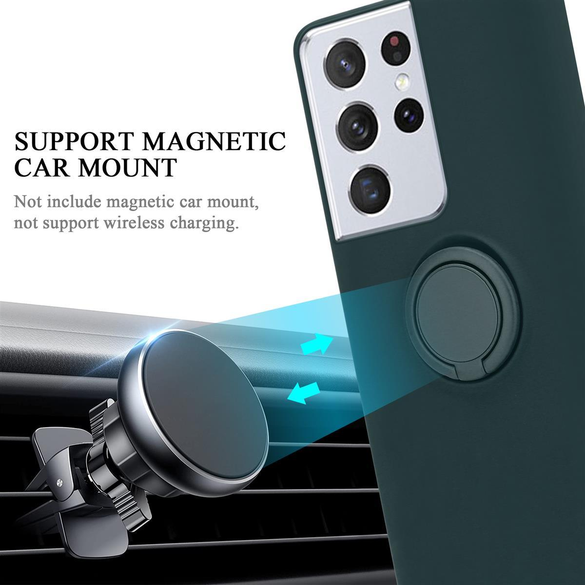 Grüne Handyhülle mit magnetischer Autohalterung. Pfeile zeigen die magnetische Befestigung an. Text.