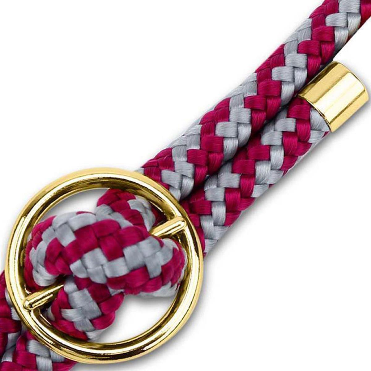 Corda intrecciata con colori rosso e grigio, con un anello d'oro al centro. Sfondo bianco.