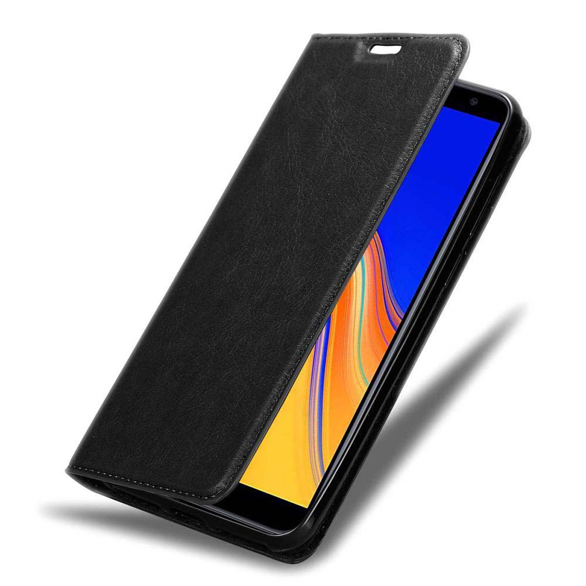 Schwarze Handyhülle mit einem Telefon darin. Der Bildschirm zeigt blaues und gelbes Muster.