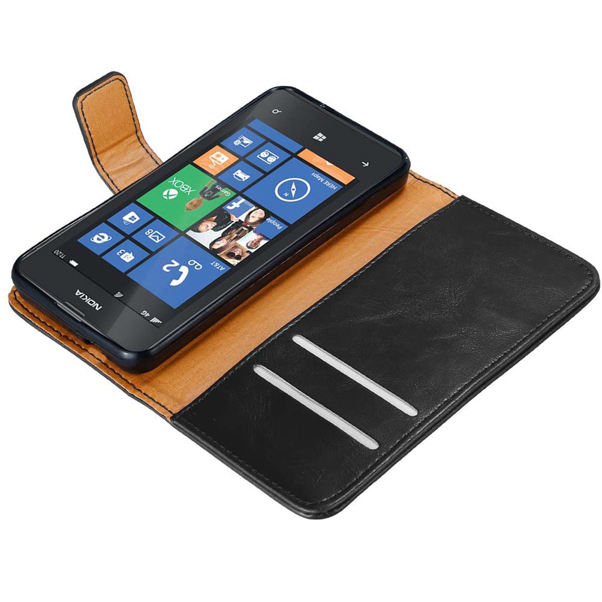 Un telefono Nokia in una custodia a libro marrone e nera. Il telefono mostra la schermata iniziale con le app.