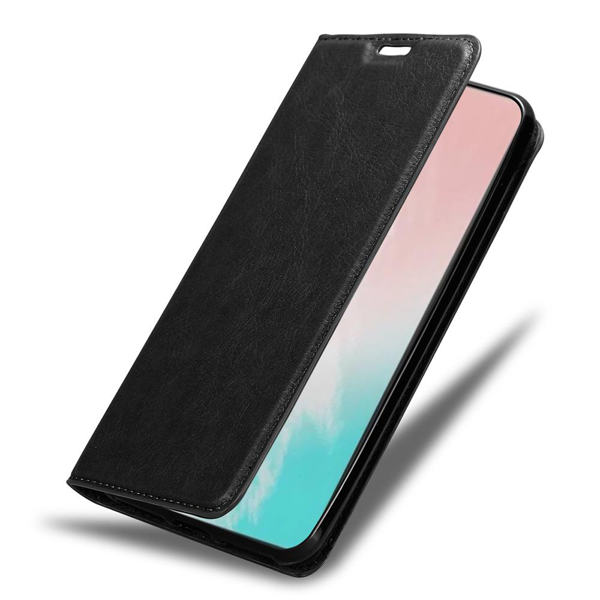 Geöffnete schwarze Handyhülle, das Telefon im Inneren zeigend. Die Hülle hat eine lederartige Textur.