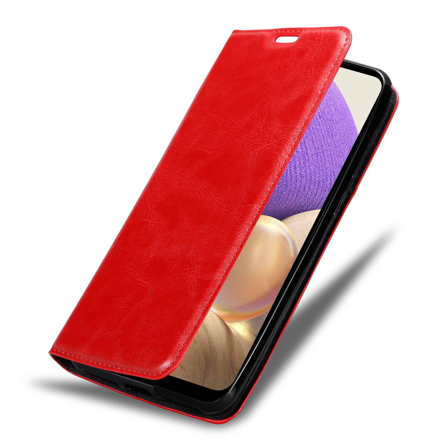 Custodia rossa per telefono aperta, mostra lo schermo del telefono. Lo schermo mostra un'immagine viola e gialla.