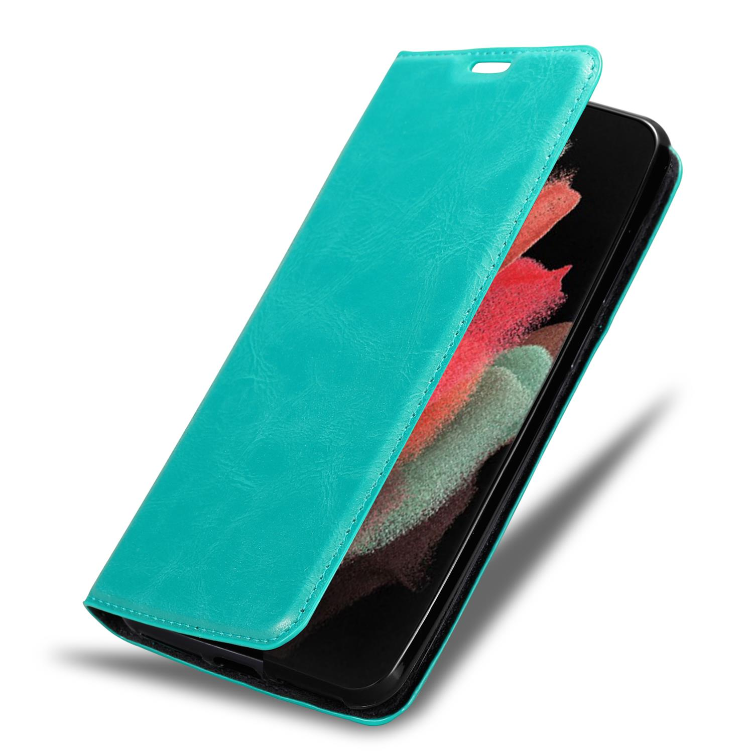 Türkisfarbene Leder-Handyhülle, offen, zeigt die Innenseite und das Telefon mit eingeschaltetem Bildschirm.