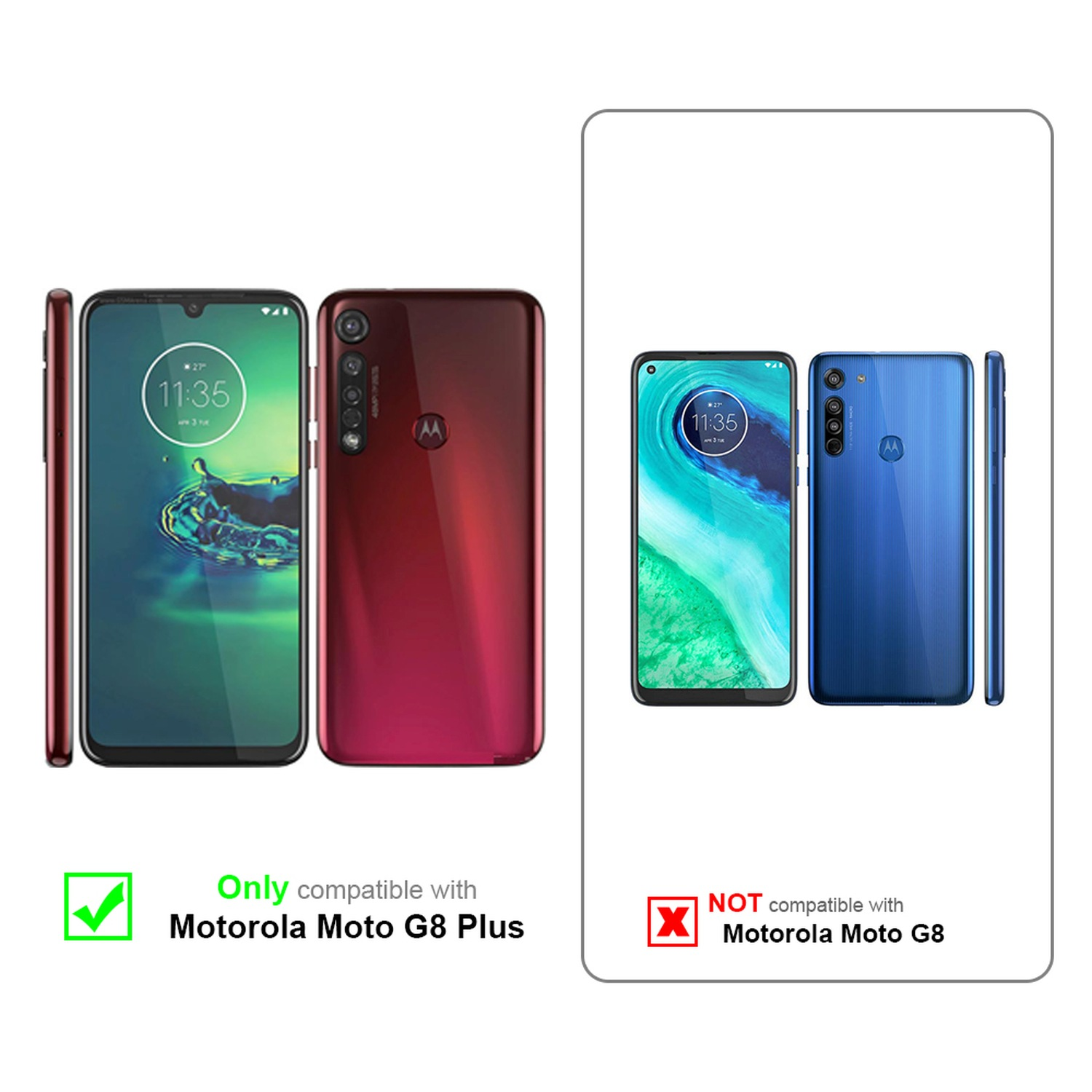 Due telefoni affiancati. Uno compatibile con Motorola Moto G8 Plus; l'altro no.