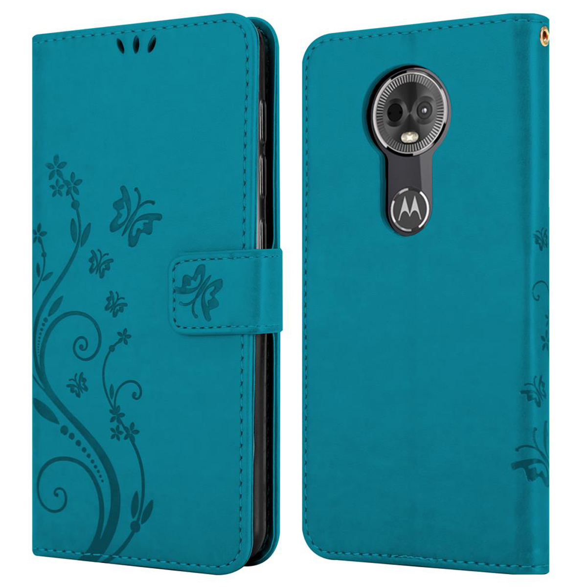 Custodia per telefono verde acqua con design floreale e farfalla, custodia aperta.