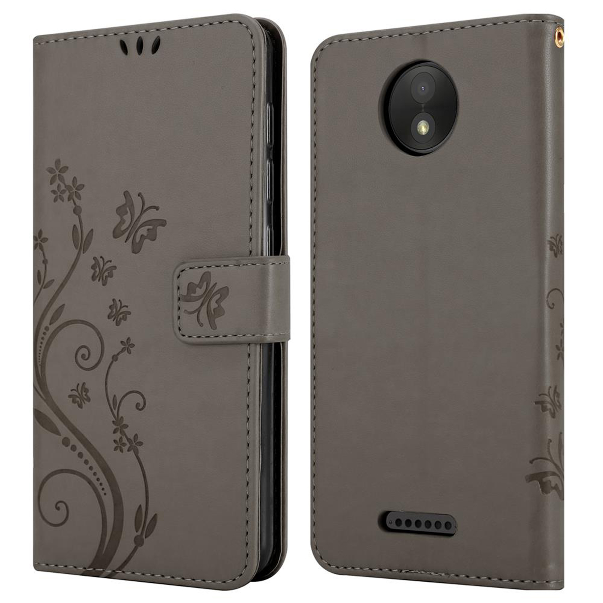Custodia grigia per telefono con design floreale, aperta e chiusa. Su sfondo bianco.
