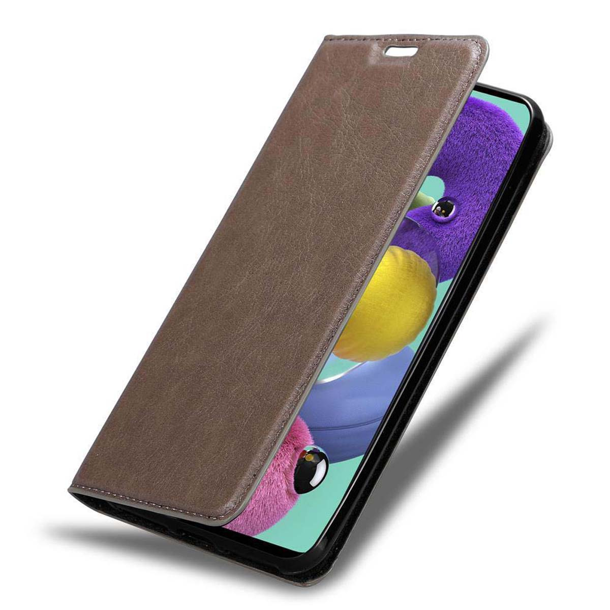 Braune Handyhülle offen. Zeigt ein Telefon mit lila Bildschirm und gelbem Element.