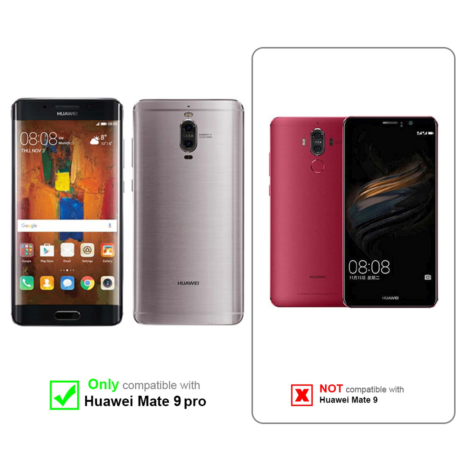 Confronto tra due telefoni. Uno compatibile, l'altro no, con l'Huawei Mate 9 Pro.