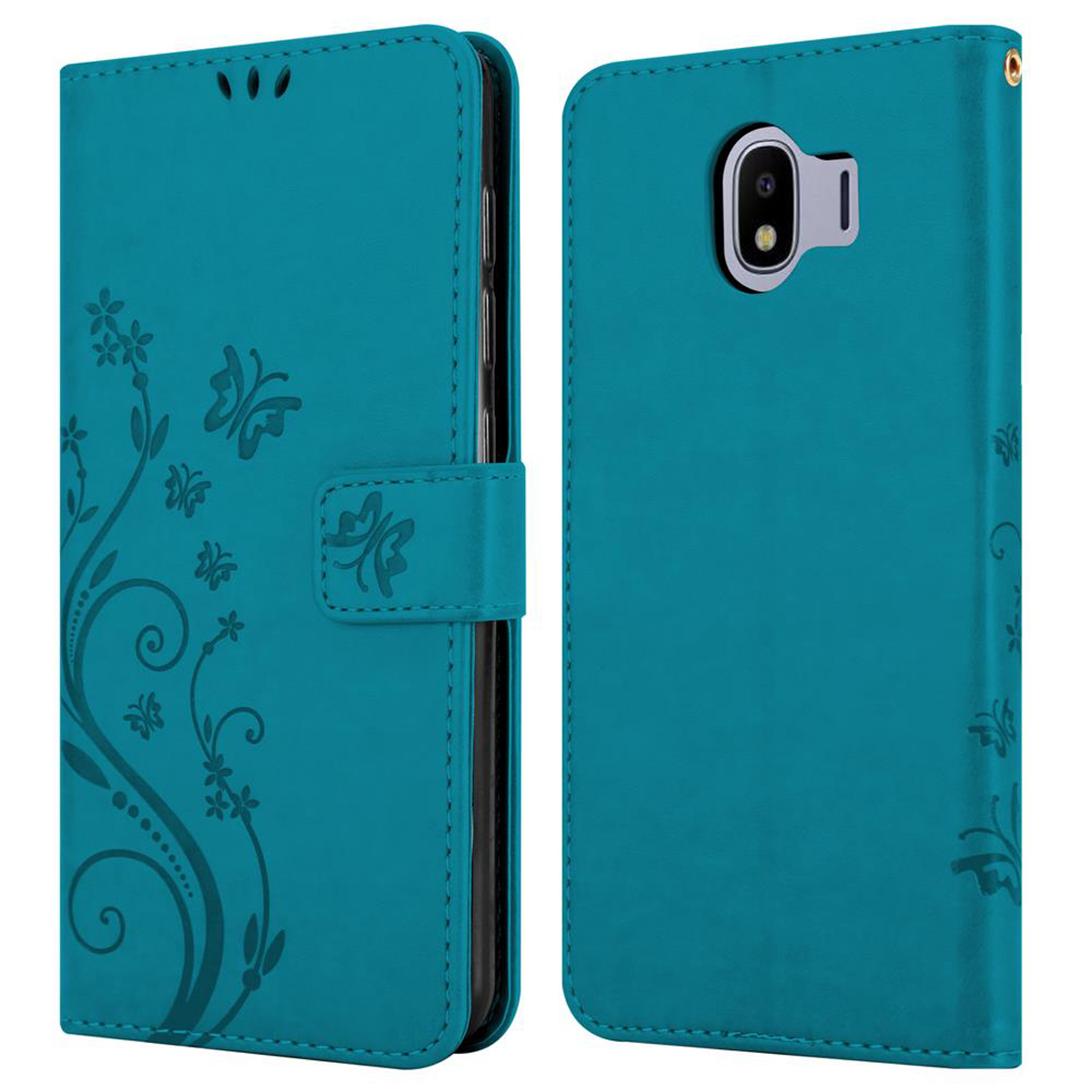 Custodia per telefono color turchese con design floreale, aperta per rivelare lo schermo del telefono. L'altro lato è vuoto.
