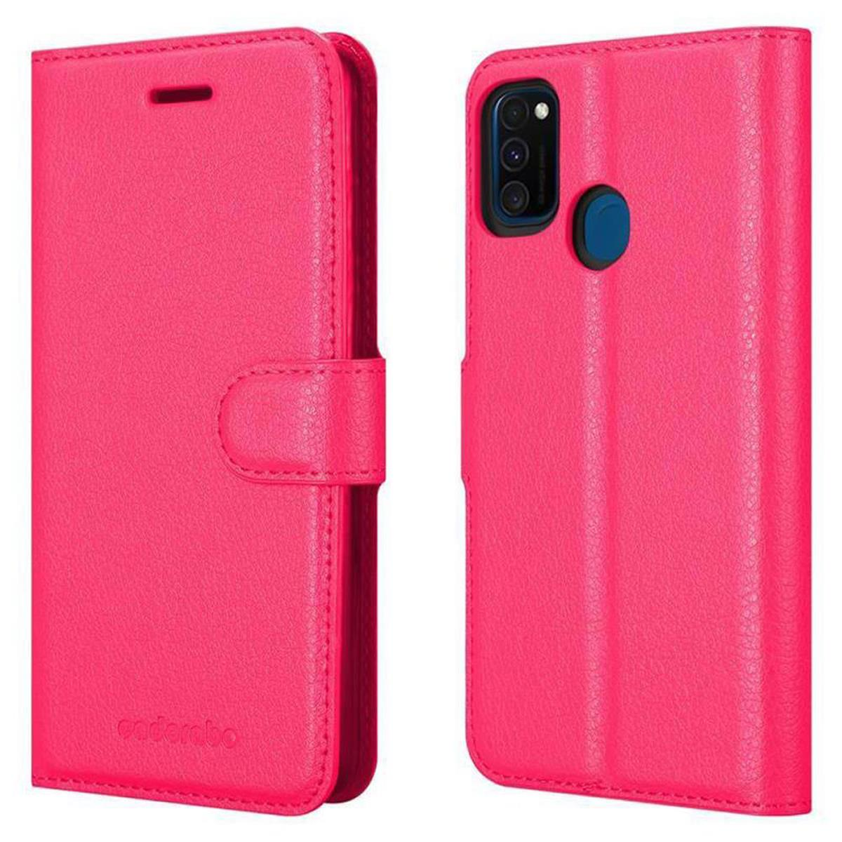 Custodia per telefono rosa, chiusa e aperta, con un logo.