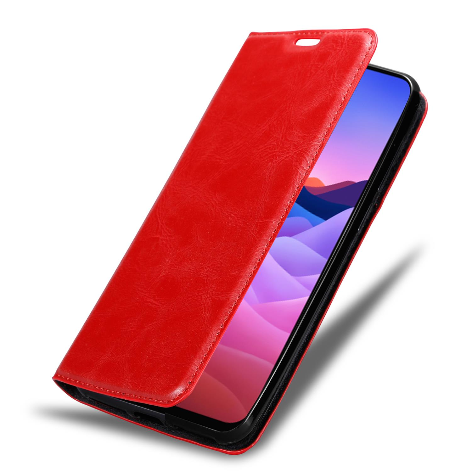 Eine rote Handyhülle ist geöffnet und zeigt einen Telefonbildschirm mit einem Landschaftsbild.