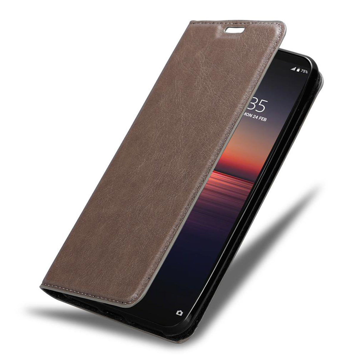 Braune Leder-Handyhülle, offen, zeigt ein schwarzes Smartphone mit eingeschaltetem Bildschirm.