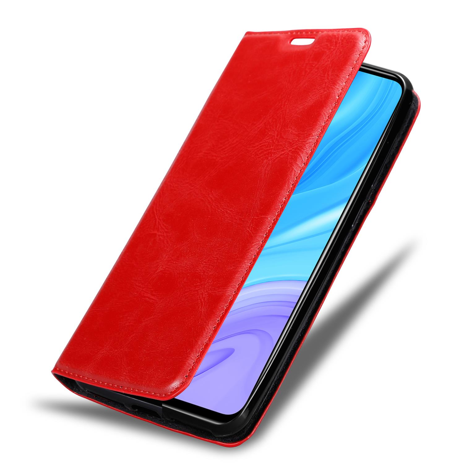 Rote Leder-Handyhülle offen. Telefonbildschirm sichtbar. Weißer Hintergrund.