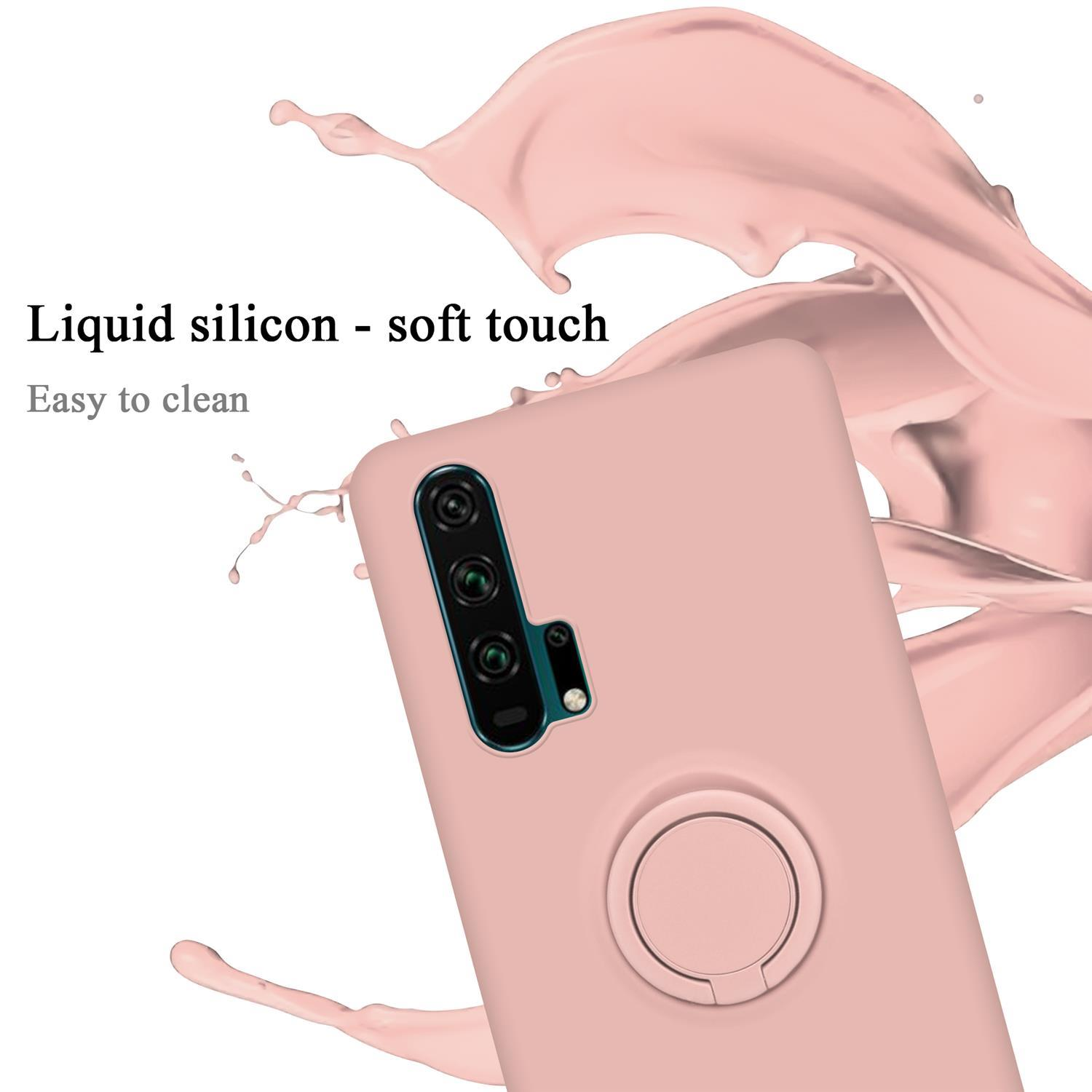 Custodia per telefono rosa con un supporto ad anello. Lo sfondo mostra uno schizzo di liquido rosa.