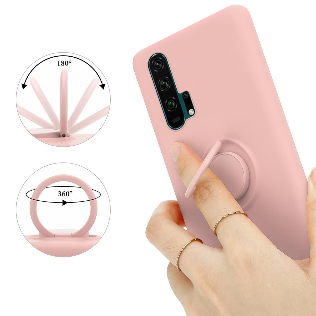 Custodia rosa per telefono con supporto ad anello, che mostra movimenti a 180 e 360 gradi.