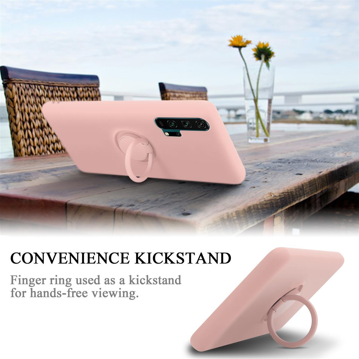 Custodia per telefono rosa con supporto ad anello. Due viste della custodia con tavolo e fiori sullo sfondo.