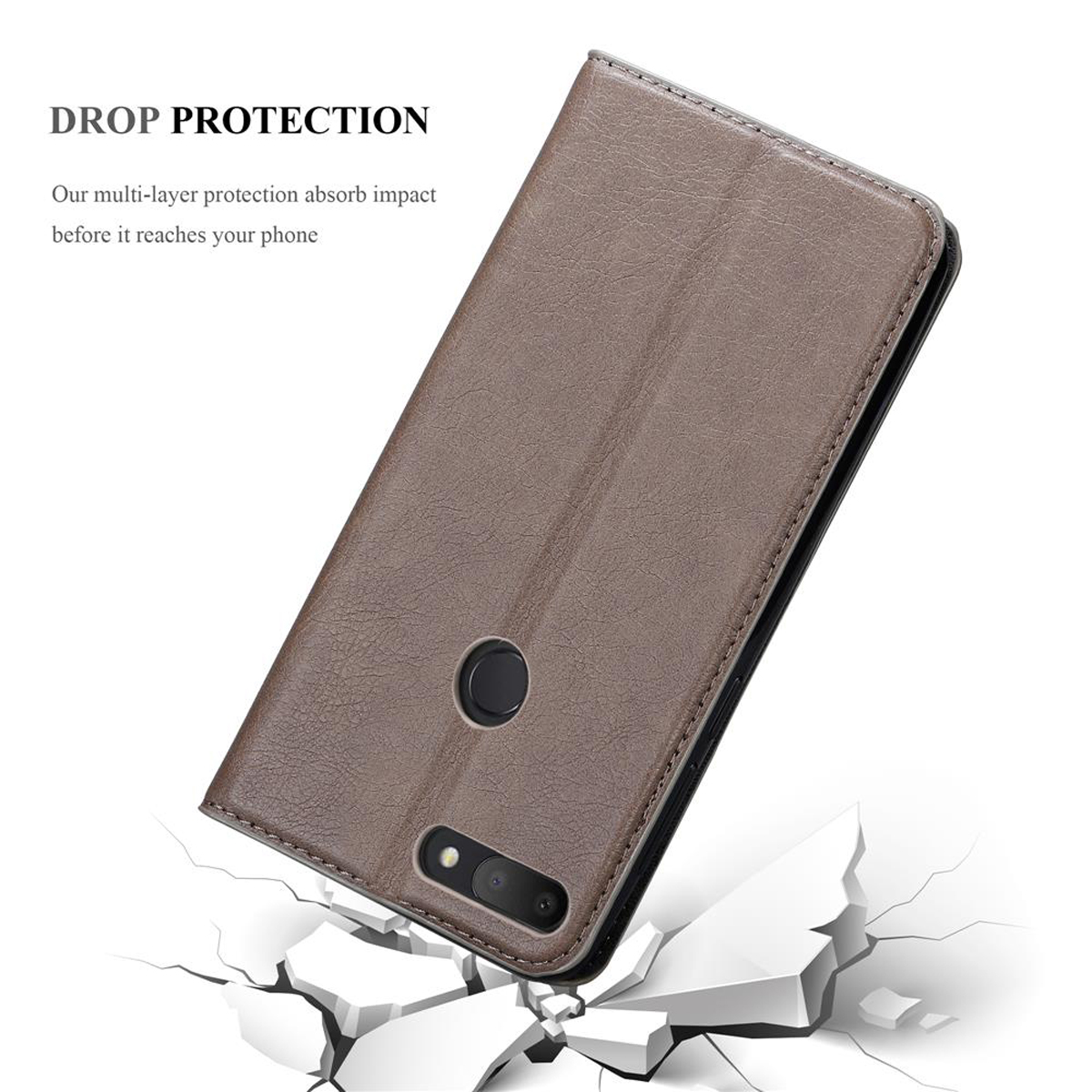 Custodia per telefono marrone con fotocamera nera. Le parole "DROP PROTECTION" e una superficie incrinata sono visibili.