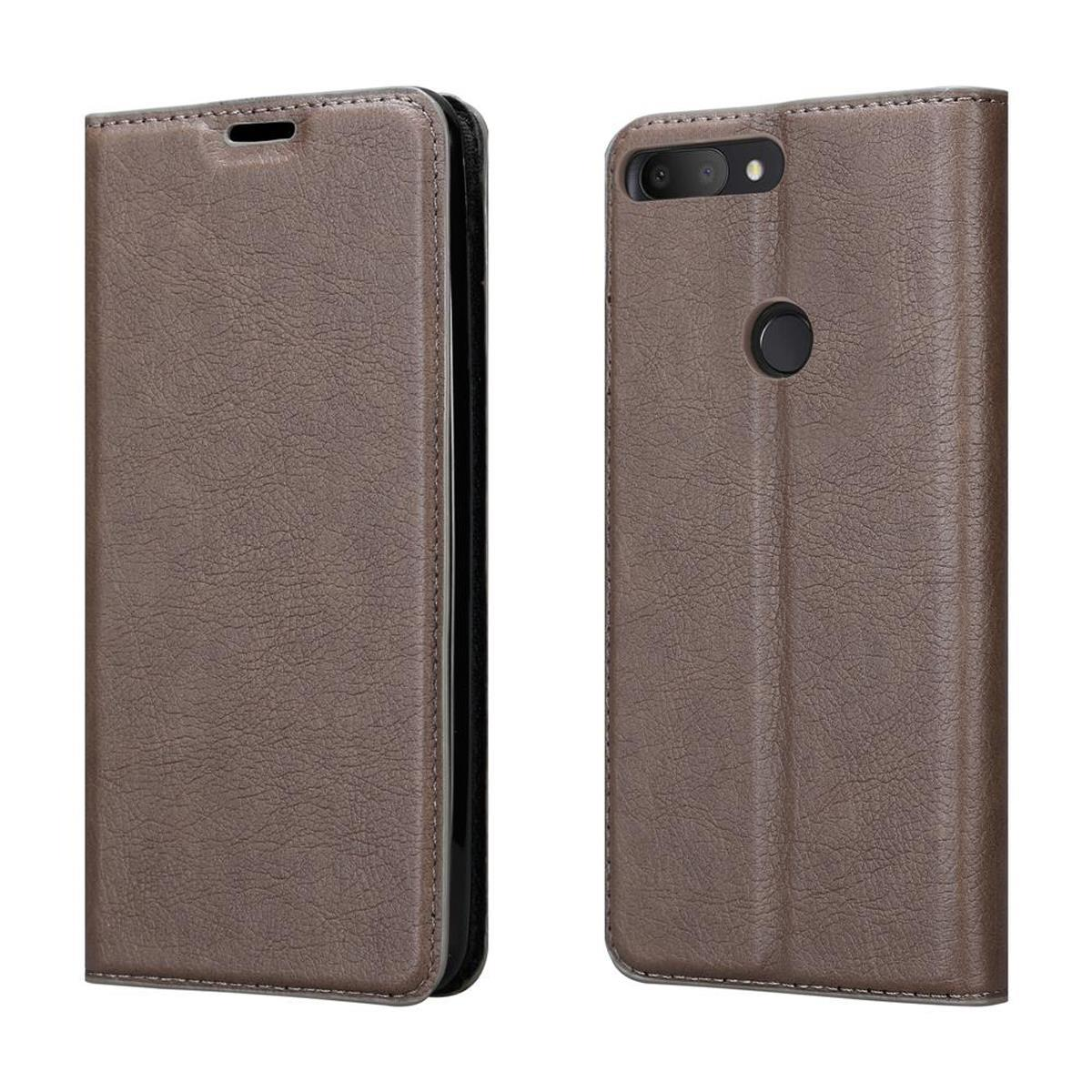 Custodia per telefono marrone, chiusa e aperta, che mostra la fotocamera e lo schermo del telefono.