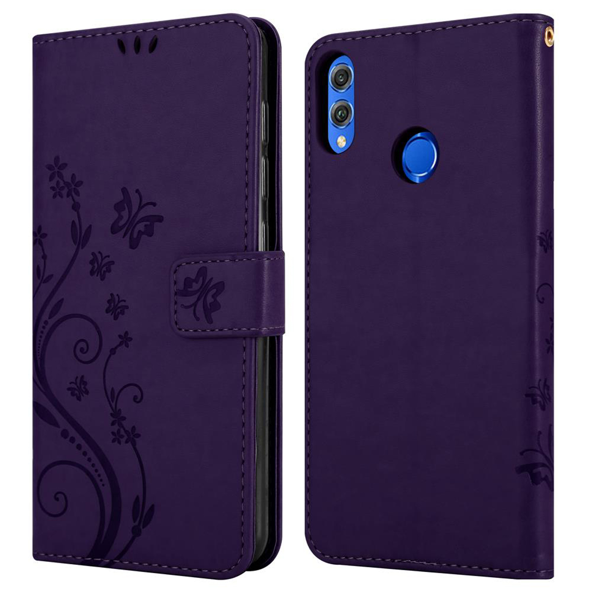 Custodia per telefono viola con design floreale, aperta e chiusa. Presenta un design a farfalla e una chiusura.