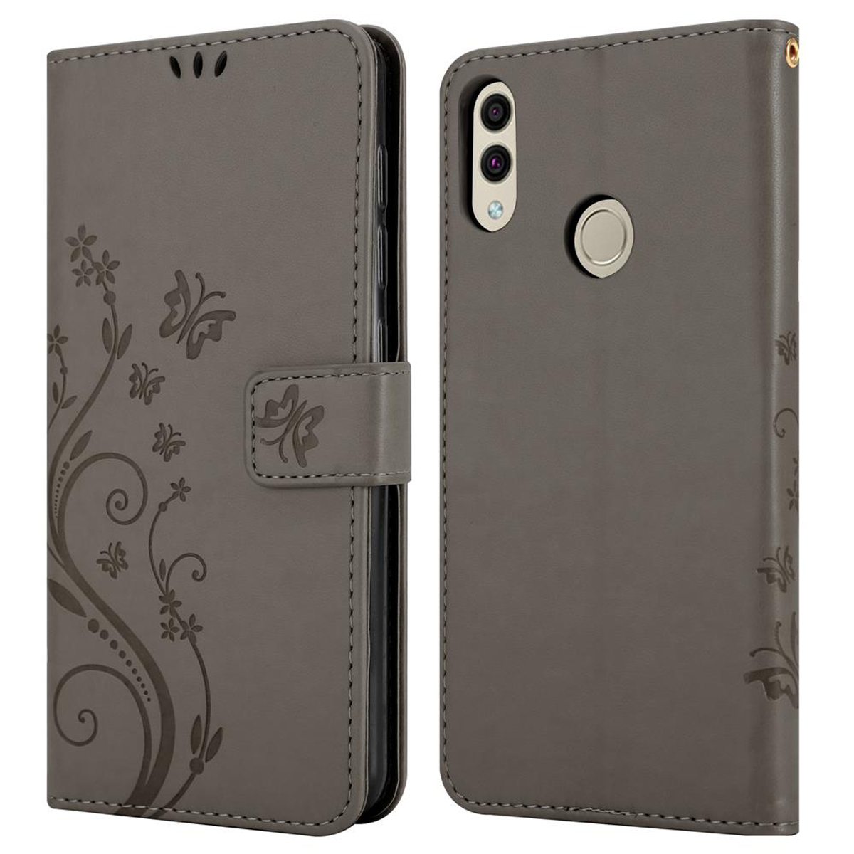 Una custodia grigia per telefono con un design floreale in rilievo. La custodia è a portafoglio con chiusura magnetica.