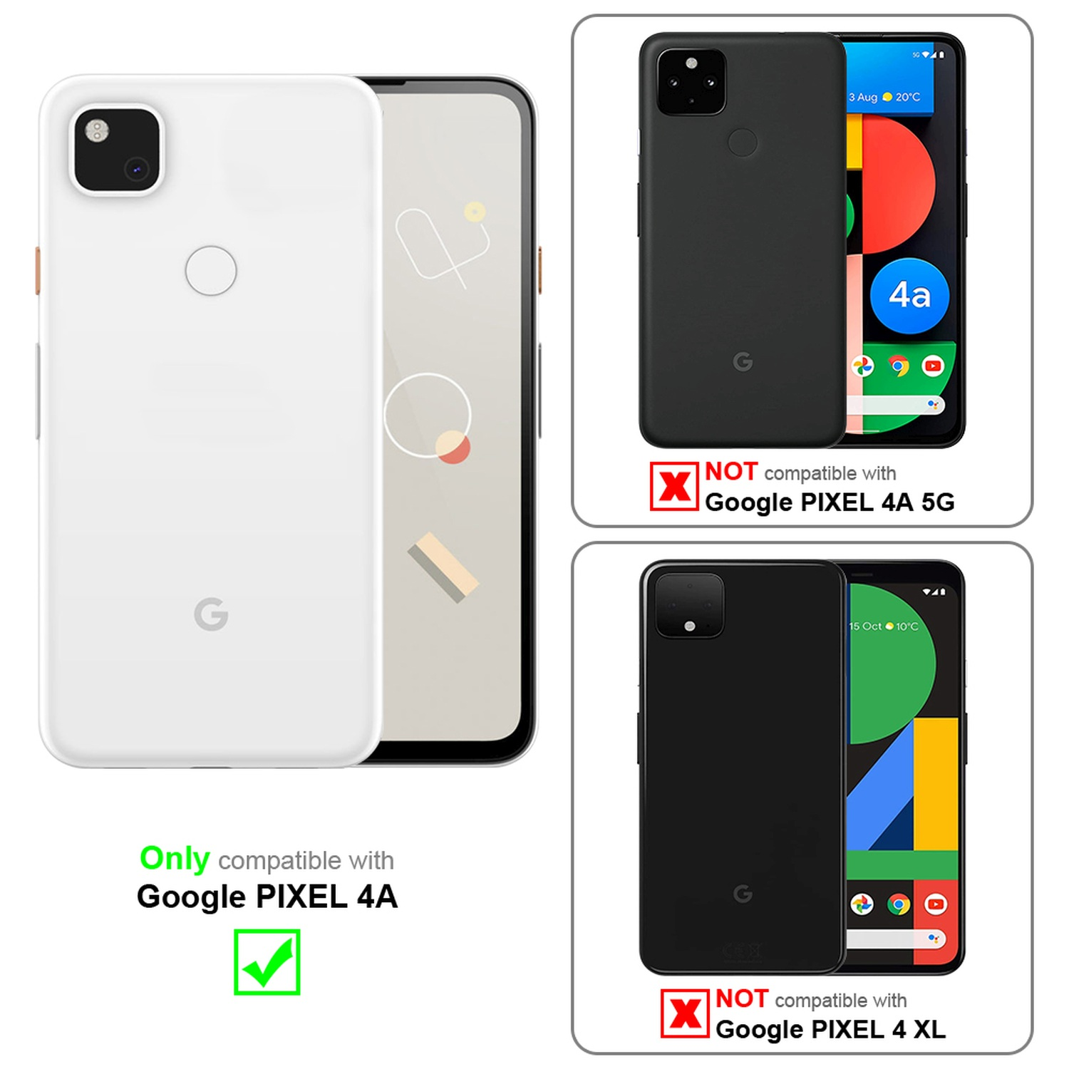 Custodie per Google Pixel 4A e Pixel 4A 5G/4 XL, con informazioni sulla compatibilità.
