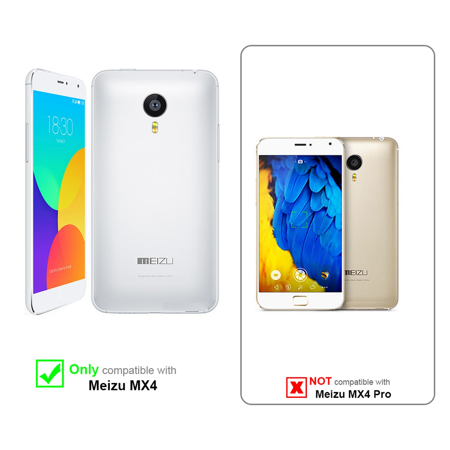 Teléfonos blancos y dorados con información de compatibilidad. Solo Meizu MX4 es compatible, no MX4 Pro.