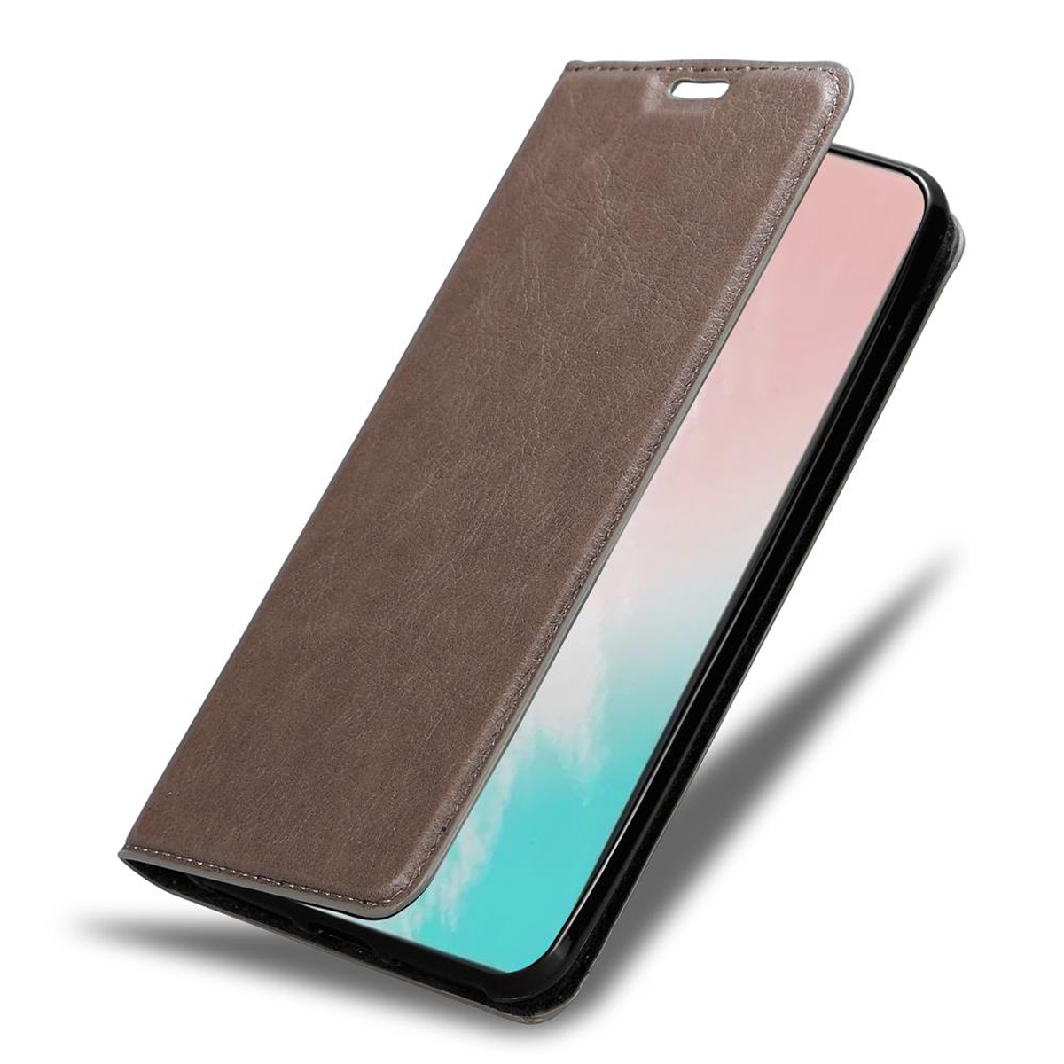 Braune Leder-Handyhülle offen, mit dem Telefon sichtbar. Der Bildschirm ist an.