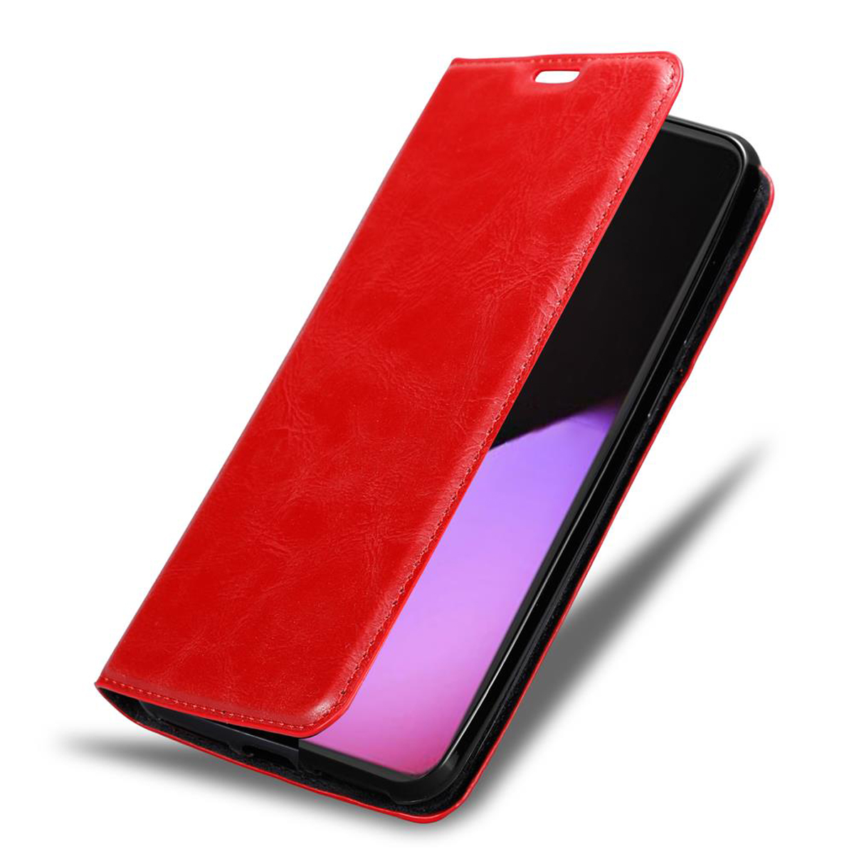 Rote Leder-Handyhülle geöffnet, zeigt ein Telefon mit lila Bildschirm, weißer Hintergrund.