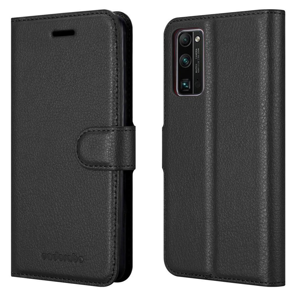 Eine schwarze Telefonhülle mit Lederstruktur und Steppnähten.