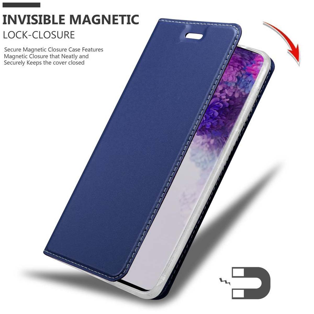 Eine blaue Handyhülle. Sie zeigt das Telefon im Inneren und hat einen magnetischen Verschluss.