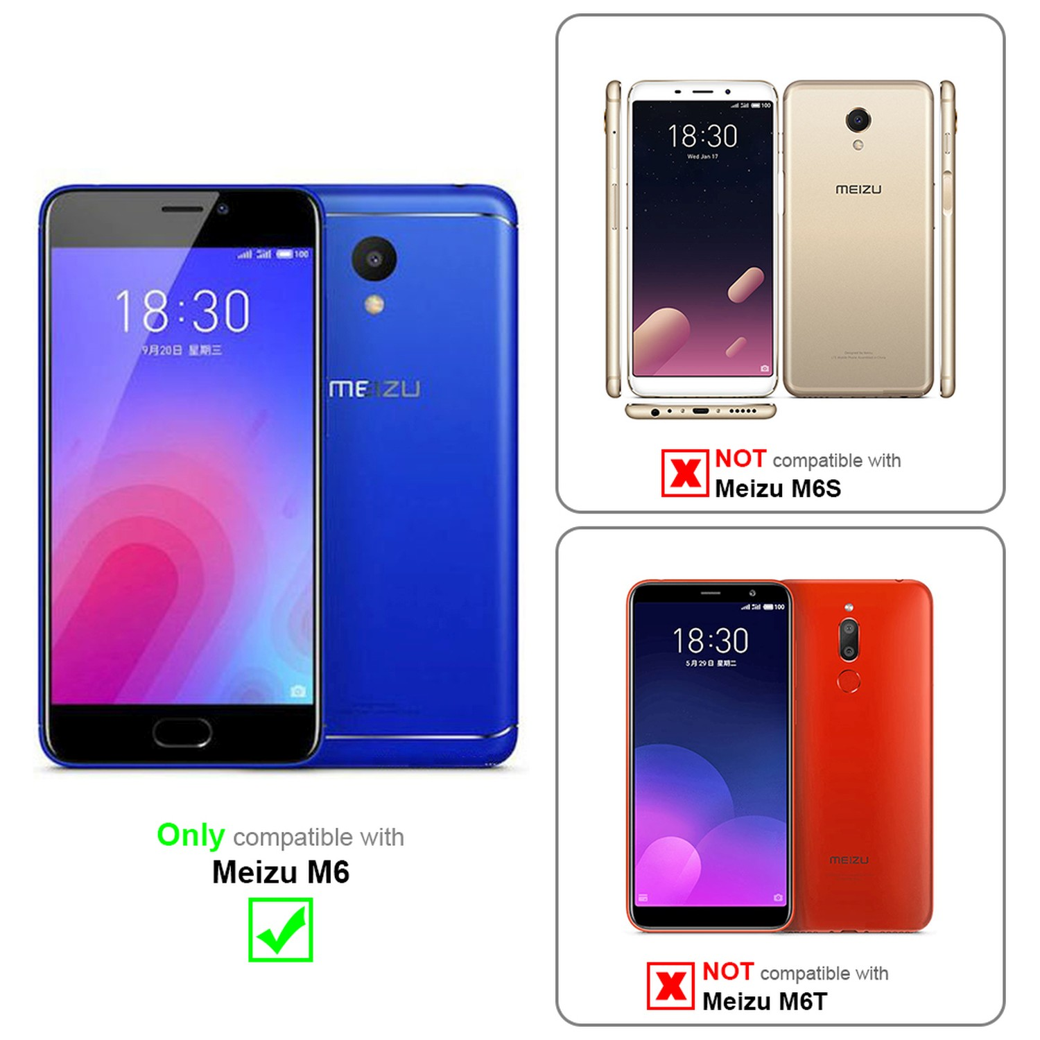 Comparación de teléfonos: Teléfono azul compatible con Meizu M6, otros no.